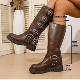 GETADME Vintage Woman Western Cowgirl Boot Fashion Belt Buckle Long Booties Autumn Winter Suqare Low Heel Girl Shoes