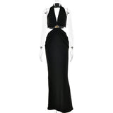 GETADME 2025 Ladies Elegant Sexy Halter Hollow Out Deep V Neck Solid Ruched Slimming Evening Party Maxi Backless Dresses Clubwear