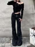 GETADME Retro New Pure Black Rivet Design Belt Decorative Slim Pants for Women Y2K Harajuku Goth Low-Waisted Flared Pants