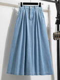 New 2023 Autumn Plus Size Denim Skirt Women High Elastic Waist Blue Or Sky Blue Color Korean Fashion A Line Midi Jeans Skirts