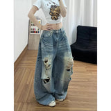 GETADME YIBASHU Women Blue Vintage Washed Ripped Jeans High Waist Denim Long Pants Harajuku Hiphop Grunge Baggy Wide Leg Denim Trousers