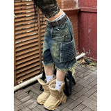 GETADME Trendy American Retro Oversized Big Pocket Workwear Cropped Pants for Women High Street Straight Tube Loose Wide Leg Short Jeans