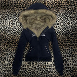 GETADME Y2K Harajuku Aesthetic Women's Fur Collar Hoodie Sexy Slim Chic Casual Solid Color Cardigan Sweatshirt Goth Punk Rock Streetwear
