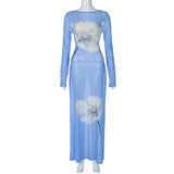 GETADME Fashion Transparent Mesh Floral Printing Women's Sheer Slim Chic Backless Lace Up Long Sleeve Beach Holiday Cover Up Dresses