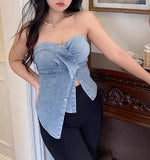 GETADME Chic Denim Asymmetrical Tube Top Korean Fashion Tank Top Slim Sexy Strapless Casual Hotsweet Crop Tops Summer Women Clothing