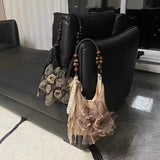 GETADME Chinese Style Rose Decor Shoulder Bags Fashion Commuter Tote Bags Classic Pleated Handbags High Quality Women Underarm Bags