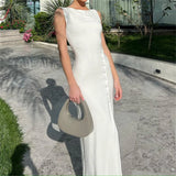 GETADME O Neck Chic Side Single-breasted White Women Dress Sleeveless Temperament Split Slim Bag Hip Bodycon Lady Holiday Going Out Gown
