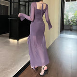 Getadme-Women's Elegant Wind Long Skirt 2024 Temperament Slim Sexy Solid Color Long Skirt Split Design Ruffled Fishtail Half-body Skirt