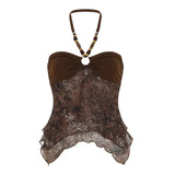 GETADME Fashion Retro Print Beading Halter Women Tanks Chic Trendy Sexy Slim Fit Spliced Summer New Blouses