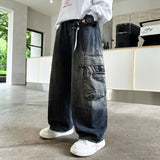 GETADME 2026 Autumn New Children Denim Cargo Pants Korean Style Teens Boys Straight Jeans Children Loose Casual Cotton Trousers