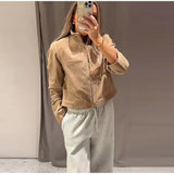 GETADME Vintage Brown Suede Women's Jackets Turn Down Collar Long Sleeve Single Breasted Female Pockets Coats 2025 Autumn Ladies Outwear
