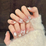 GETADME 10Pcs Sweet Mid-length Ballet False Nails Art Fashion Pink Cat Eye Lovely Bow Wearable Finished Nails Set Summer Acrylic Nails