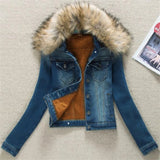 GETADME 2025 Autumn Winter Fleece Denim Jacket Women Big Fur Collar Short Coat Thicken Velvet Liner Warm Tops Lady Jean Coat Outerwear