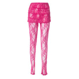 GETADME Sexy Lace Sheer Stacked Pants For Women Neon Pink High Waist Slim Night Club Trend Female Stunning Bottoms Streetwear Trousers