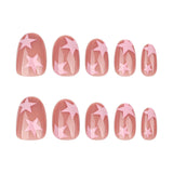 GETADME Nude Color False Nails Pink Star Printed Y2K Girls Summer Charm Manicure Short Round Head Press on Nails Stick-on Fake Nails