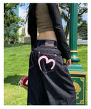 GETADME Women's Pink Heart Print Denim Straight Leg Jeans Loose Casual Floor-Length Long Pants Ladies Loose Fit Original Style
