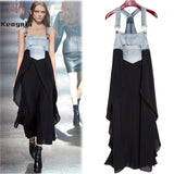 GETADME 2025 Summer New Elegant Women's Dress Loose Denim Patchwork Chiffon Overalls Sexy Suspender Dress Spaghetti Strap Robe KE903