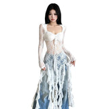 GETADME 가을 겨울 신상품 여성복 섹시 퓨어 러스트 레이스 스플라이싱 디자인 홀로우 스퀘어 칼라 펑거스 탑