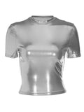 GETADME Leather Solid O Neck Short Sleeves Sexy Slim Y2K T-Shirt Top 2025 Summer Women Fashion Tees Streetwear Grunge Clothes