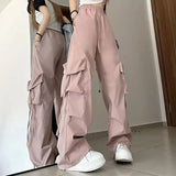 Solid Color Cargo Pants Streetwear Hop Cargo Pants for Women with Big Pockets Loose Wide Leg Trousers High Waist Design Solid