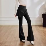 GETADME Fake 2 Pieces Women's Yoga Pants Elastic Boot Cut Lady's Sportswear Chic Shirring Long Trousers High Waist Slim Gym Flare Pant