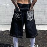 GETADME Men Denim Shorts American Vintage Streetwear Shorts Harajuku Unisex Loose Fit Straight Leg Five Length West Coast Casual Fashion
