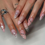 GETADME 24Pcs 3D Strawberry Rabbit Flower Fake Nails Press on Mid-length Almond Wearable False Nails Green Gradient Pearl Manicure Tips