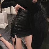 Getadme Gothic Solid Sexy Mini Black Skirt Y2k Woman Lace-up Punk New Hippie High Waist Faldas Leather Pencil Skirt Streetwear Club