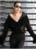GETADME Sexy See-through V-neck Long Sleeve Chiffon Top Beach Party Shirt Trans-seasonal Women's Low Cut Shirt Ruffle Solid Color Tops
