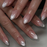 GETADME 24Pcs Metallic Cat Eye French Sheer Manicure Tip Art Textured 3D Acrylic False Nails Nude Pink Almond Medium Press on Fake Nails