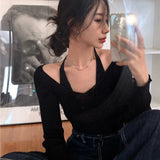 GETADME Womens Korean version Long Sleeve Sweater Off Shoulder Sexy Knitted Pullover Jumper Sweaters Knit Sweater Casual Loose Blouse