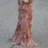 GETADME Boho Floral Print Irregular Long Skirt Holiday Party Retro French Style A-line Ruffle Maxi Skirts Coquette Holiday