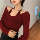 GETADME Womens Korean version Long Sleeve Sweater Off Shoulder Sexy Knitted Pullover Jumper Sweaters Knit Sweater Casual Loose Blouse