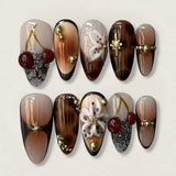 GETADME 24Pcs 3D Strawberry Rabbit Flower Fake Nails Press on Mid-length Almond Wearable False Nails Green Gradient Pearl Manicure Tips