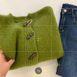 GETADME Green Knitted Cardigan Sweater Coat 2025 Women's Autumn Winter Thickened Soft Outerwear Fashion Horn Buckle Knitwears Sweater