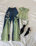 GETADME American Sweetheart Style Deep Blue Mint Green Lace Jeans Y2k Harajuku Splicing Bow Decoration High Waist Micro Bellbottom Pants