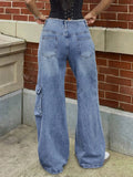 GETADME 2025 Summer Women Jeans with Pockets Trendy Vintage Daily Wear Pants Party Tassel Full Length OL 90s High Quality Retro Blue