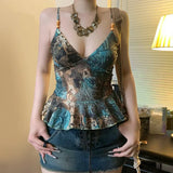 GETADME Sexy Strap Vintage Tank Tops Fashion Women Patchwork Y2K Deep V-Neck Beading Sleeveless Crop Top Casual Streetwear Retro Clothes