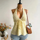 GETADME Women's summer V-neck lace up exposed neck and backless casual vacation Topboho Easter beach clothing Hawaii Coachella Music Fes