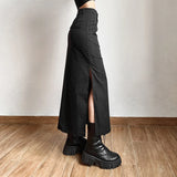 GETADME Goth Dark Grunge Casual Tag Split Women Midi Skirts Mall Gothic Punk High Raise Slim Long Skirt Y2k Sexy Fashion Streetwear
