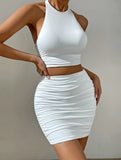 GETADME Women White Sexy Halter Neck Sleeveless Backless Two Piece Set Strapless Pleated Slim Bodycon Evening Dresses