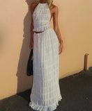 GETADME Imcute Women 2 Piece Maxi Skirt Set Y2k Lace Up Back Tank Top Flowy Ruffle Long Skirt Outfits Summer Going Out Beach Sundress