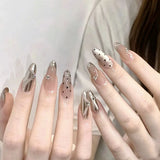 GETADME 24개입 중간 길이 프렌치 라운드 헤드 프레스온 가짜 손톱, 고양이 눈 디자인 가짜 손톱, 라인스톤 재사용 가능 전체 커버 네일 팁