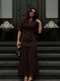 GETADME Elegant O Neck Short Sleeve Maxi Dress Women Fashion Solid Pleated Gauze Patchwork Dresses 2025 New Lady Office Commute Vestidos