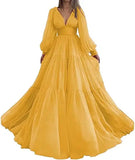 GETADME Bridalaffair 플리츠 튤 프린세스 프롬 드레스 V넥 롱 퍼프 슬리브 플러스 사이즈 이브닝 드레스 우아한 드레스 여성 웨딩 파티용