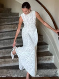GETADME Women Elegant White Lace Pleated Long Dresses 2025 Spring New High Collar Sleeved Wrapped Waist Dress Fashion Lady Wedding Robes