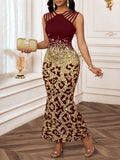 GETADME Elegant Leopard Print Sequin Fishtail Dress for Women, Black & Gold, Sleeveless, Party Evening Wear