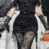 GETADME Gothic Dark Flocking Pants Women Streetwear Aesthetic Emo Alt Grunge See Through Lace-up High Waist Flare Pants Female