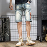 GETADME Summer Men's Denim Shorts Retro Motorcycle Elastic Cotton Fashion Knee Length Short Jeans Zipper Hip Hop Rock Streetwear