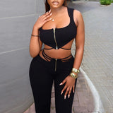 GETADME 여성용 섹시 여름 의상 스퀘어 칼라 민소매 크롭 탑과 지퍼업 롱 팬츠 패션 섹시 타이트 핏 투피스 세트